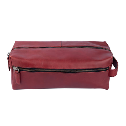 "Handcrafted maroon leather toiletry bag with dual zipper compartments – The Leather Story travel pouch"

