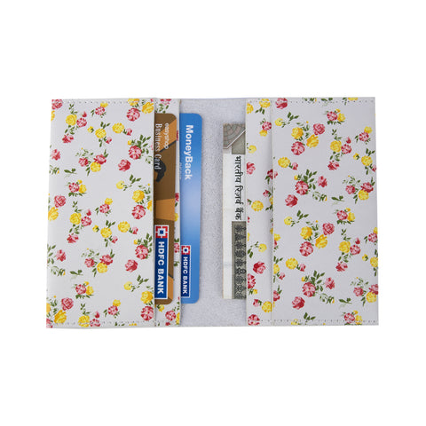 White leather card holder with yellow and pink floral print – handcrafted wallet from The Leather Story

