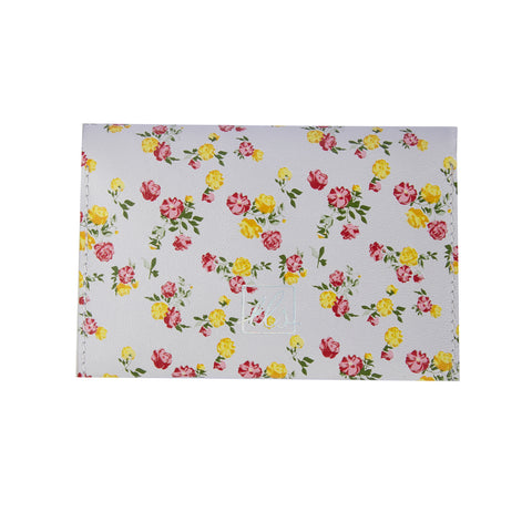 White leather card holder with yellow and pink floral print – handcrafted wallet from The Leather Story

