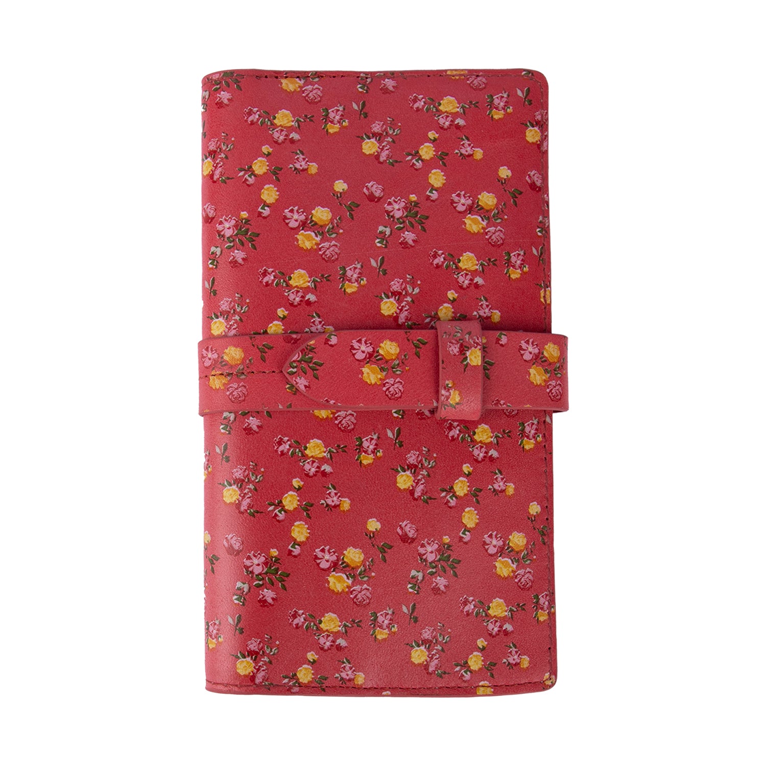 A red leather wallet with a floral pattern and a striped cotton lining visible from the close side
