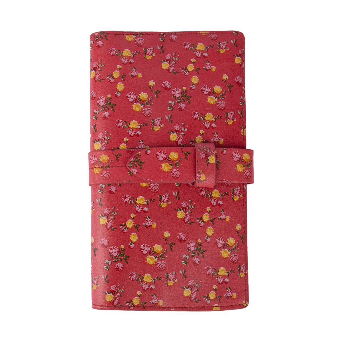 A red leather wallet with a floral pattern and a striped cotton lining visible from the close side

