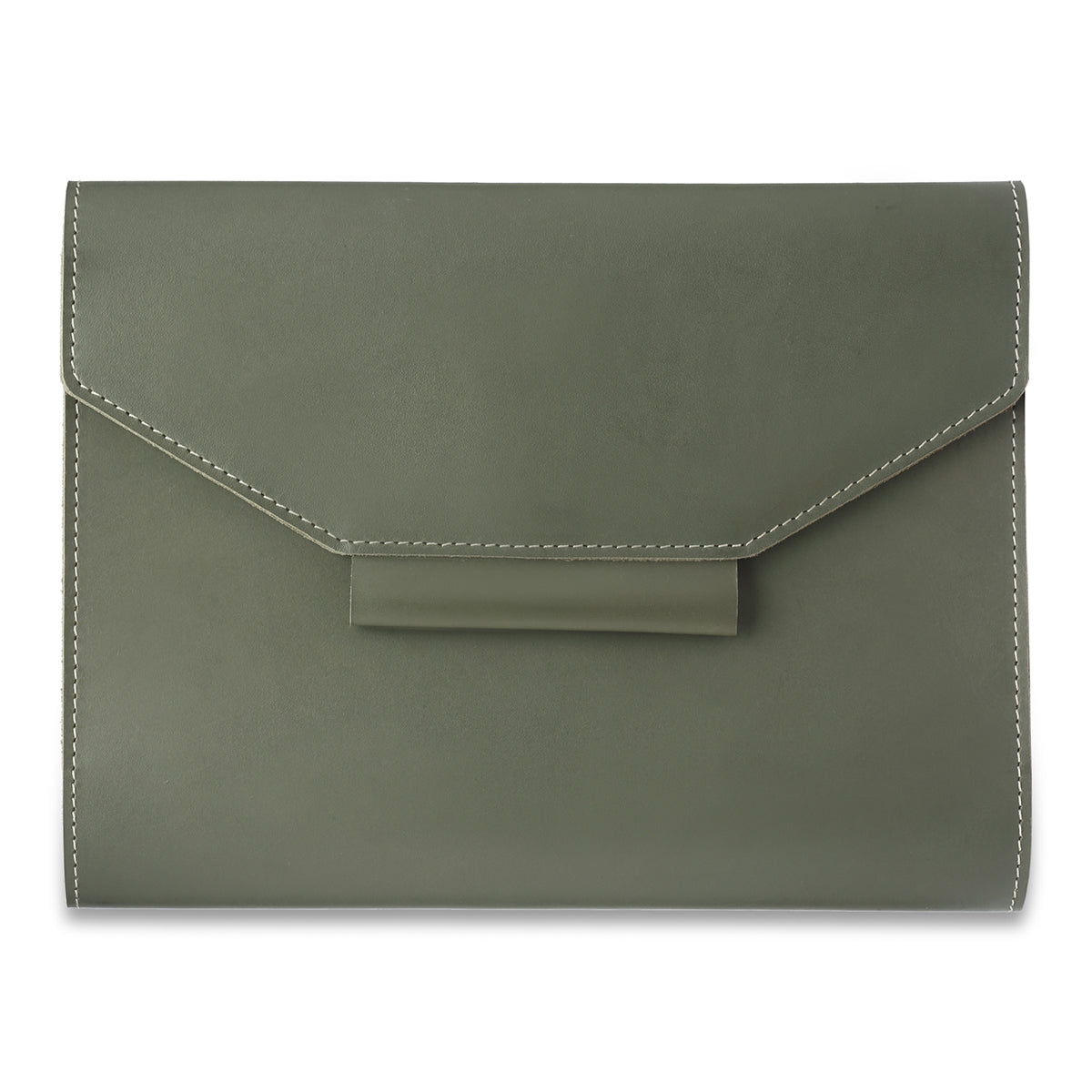 A olive  green leather notebook organiser with a pen slider, closed with a regular book binding. The notebook appears to have a solid, smooth finish.