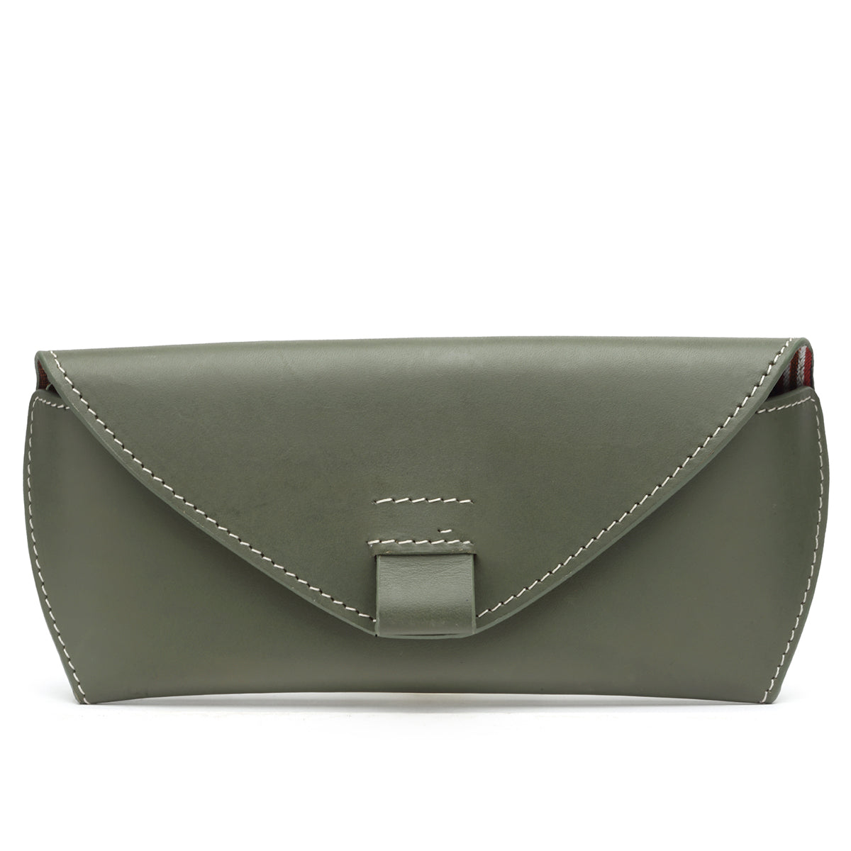 A  olive green leather sunglass case with a  cotton lined interior .