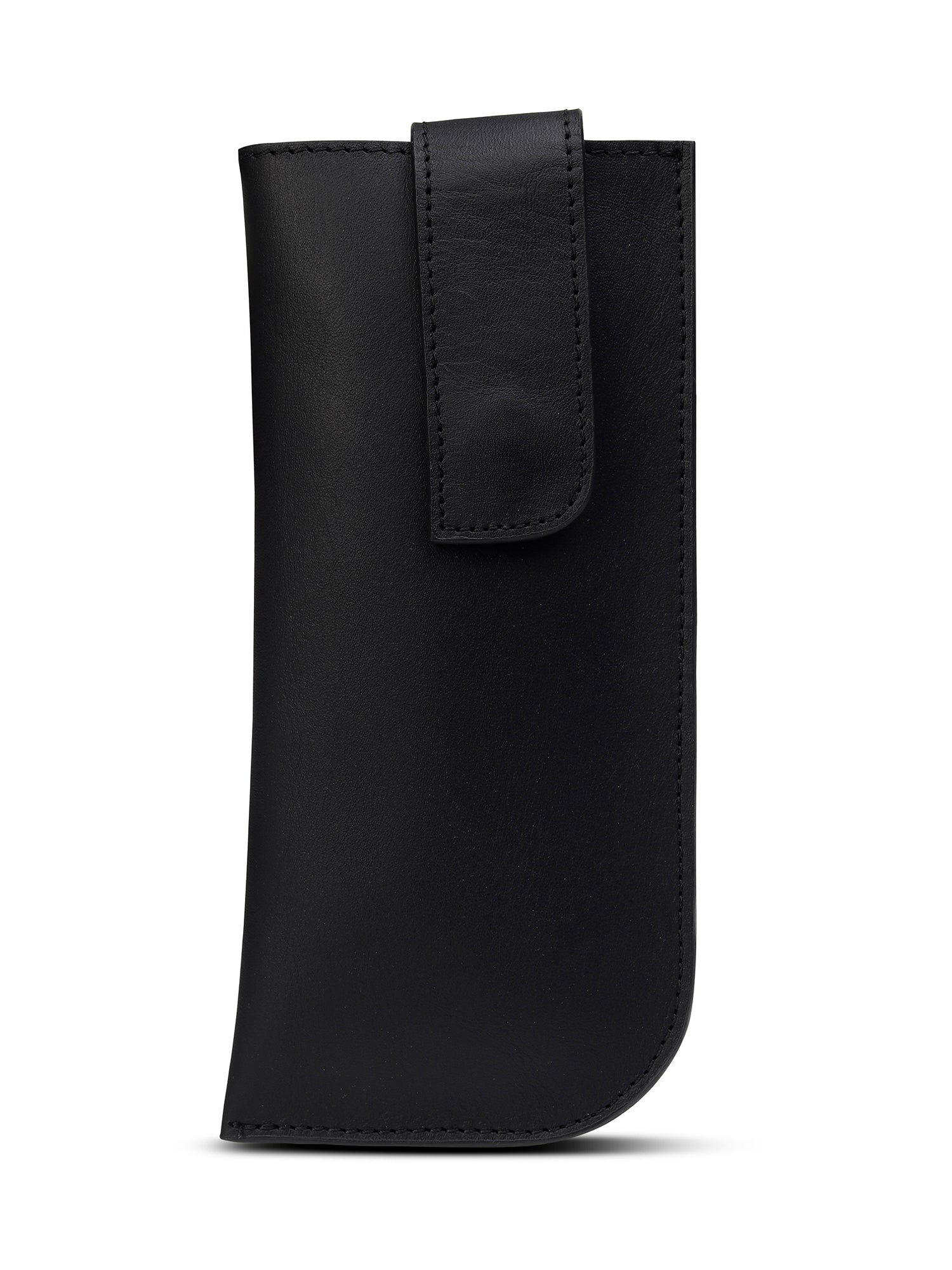 A black leather eyewear case with a notch and a magnetic closure.