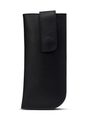 A black leather eyewear case with a notch and a magnetic closure.