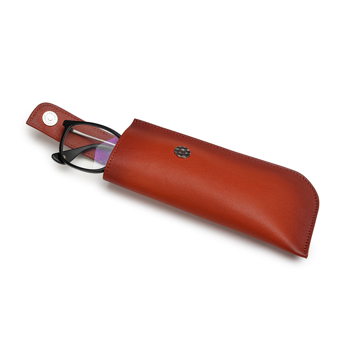 A Burnished Toffee Tan leather eyewear case with a notch and a magnetic closure while opening