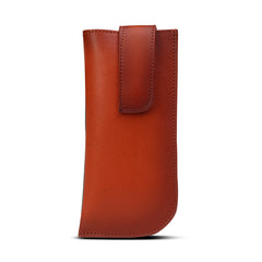 A Burnished Toffee Tan leather eyewear case with a notch and a magnetic closure.