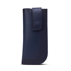 A Burnished nevy blue leather eyewear case with a notch and a magnetic closure.