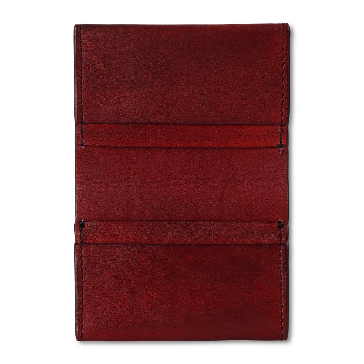 A open red bi-fold credit card holder by the leather story