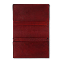 A open red bi-fold credit card holder by the leather story