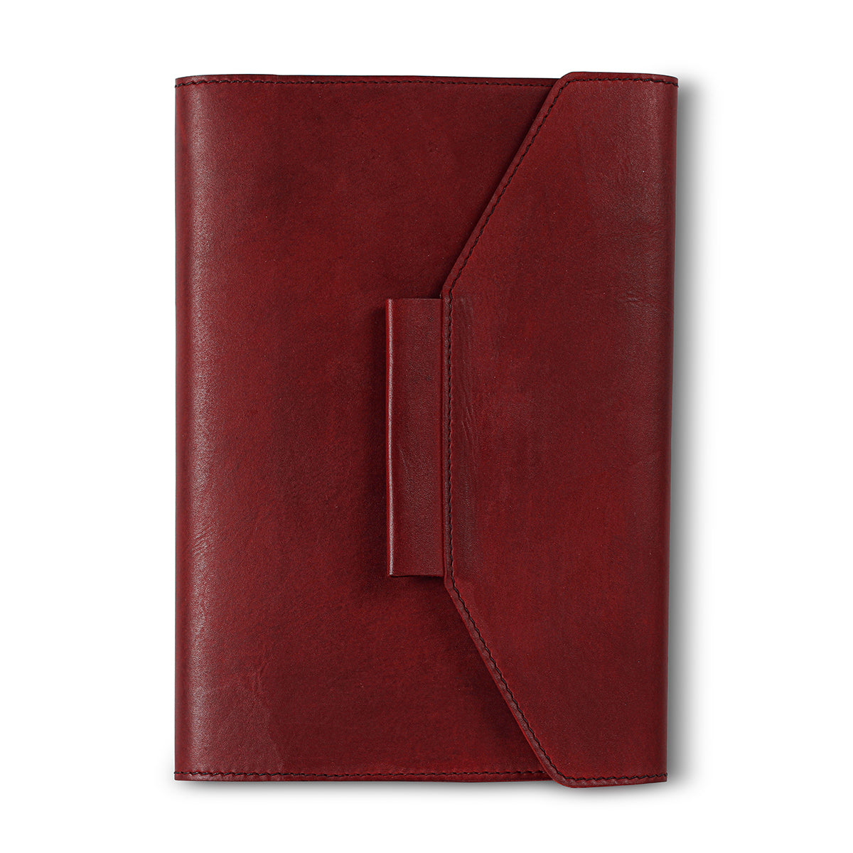 A red leather notebook  organiser with a pen slider, closed with a regular book binding. The notebook appears to have a solid, smooth finish.
