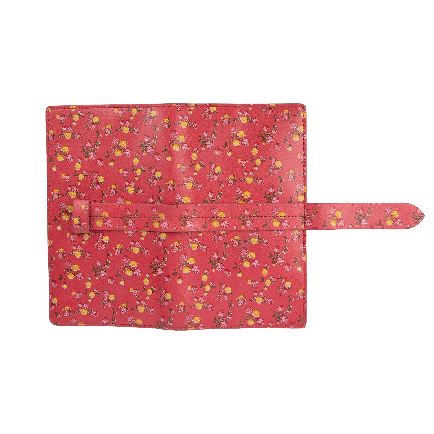 A red leather wallet with a floral pattern and a striped cotton lining visible from the open side.