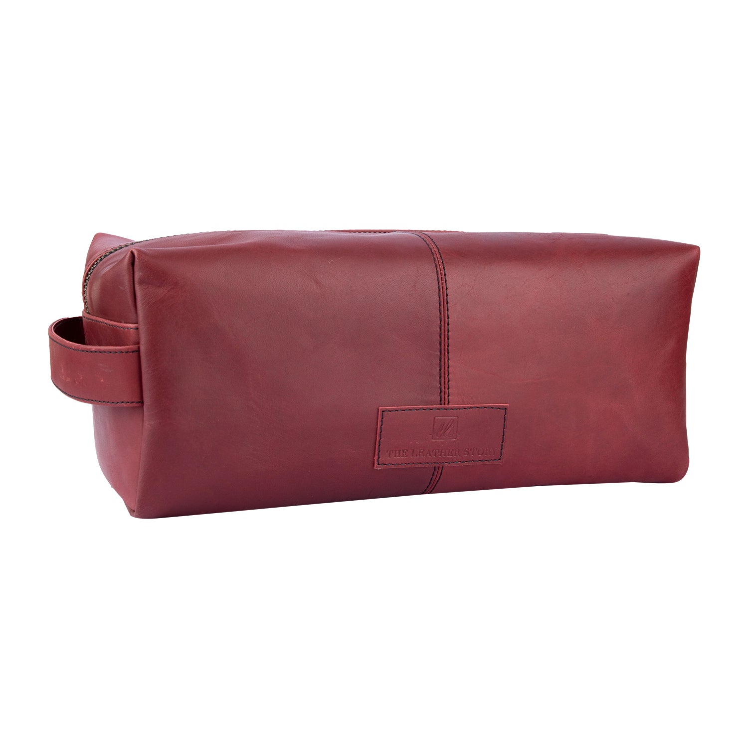 "Handcrafted maroon leather toiletry bag with dual zipper compartments – The Leather Story travel pouch"


