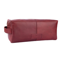  "Handcrafted maroon leather toiletry bag with dual zipper compartments – The Leather Story travel pouch"


