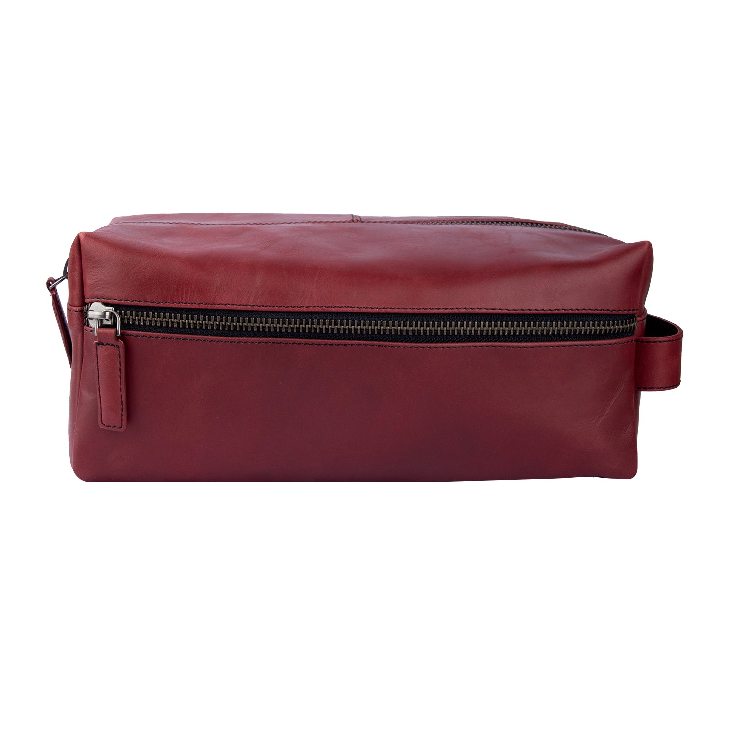 "Handcrafted maroon leather toiletry bag with dual zipper compartments – The Leather Story travel pouch"

