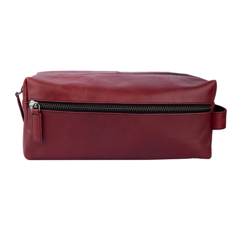 "Handcrafted maroon leather toiletry bag with dual zipper compartments – The Leather Story travel pouch"

