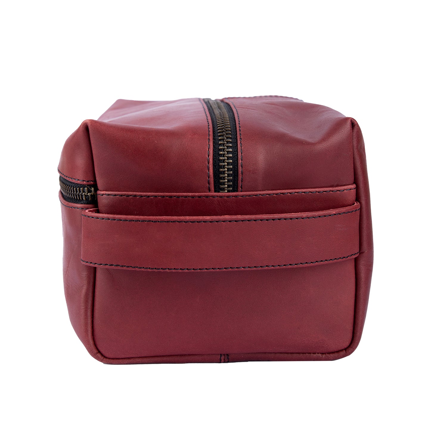 "Handcrafted maroon leather toiletry bag with dual zipper compartments – The Leather Story travel pouch"

