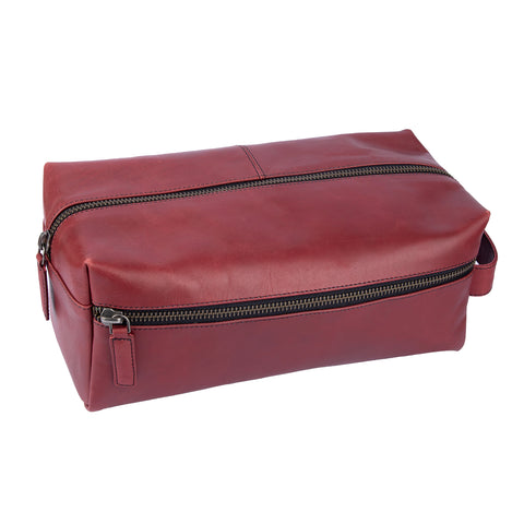 "Handcrafted maroon leather toiletry bag with dual zipper compartments – The Leather Story travel pouch"

