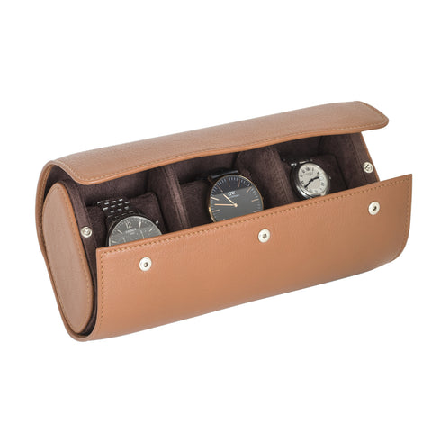 A tan leather watch roll box with microfibre interior, displaying watches through its open side.