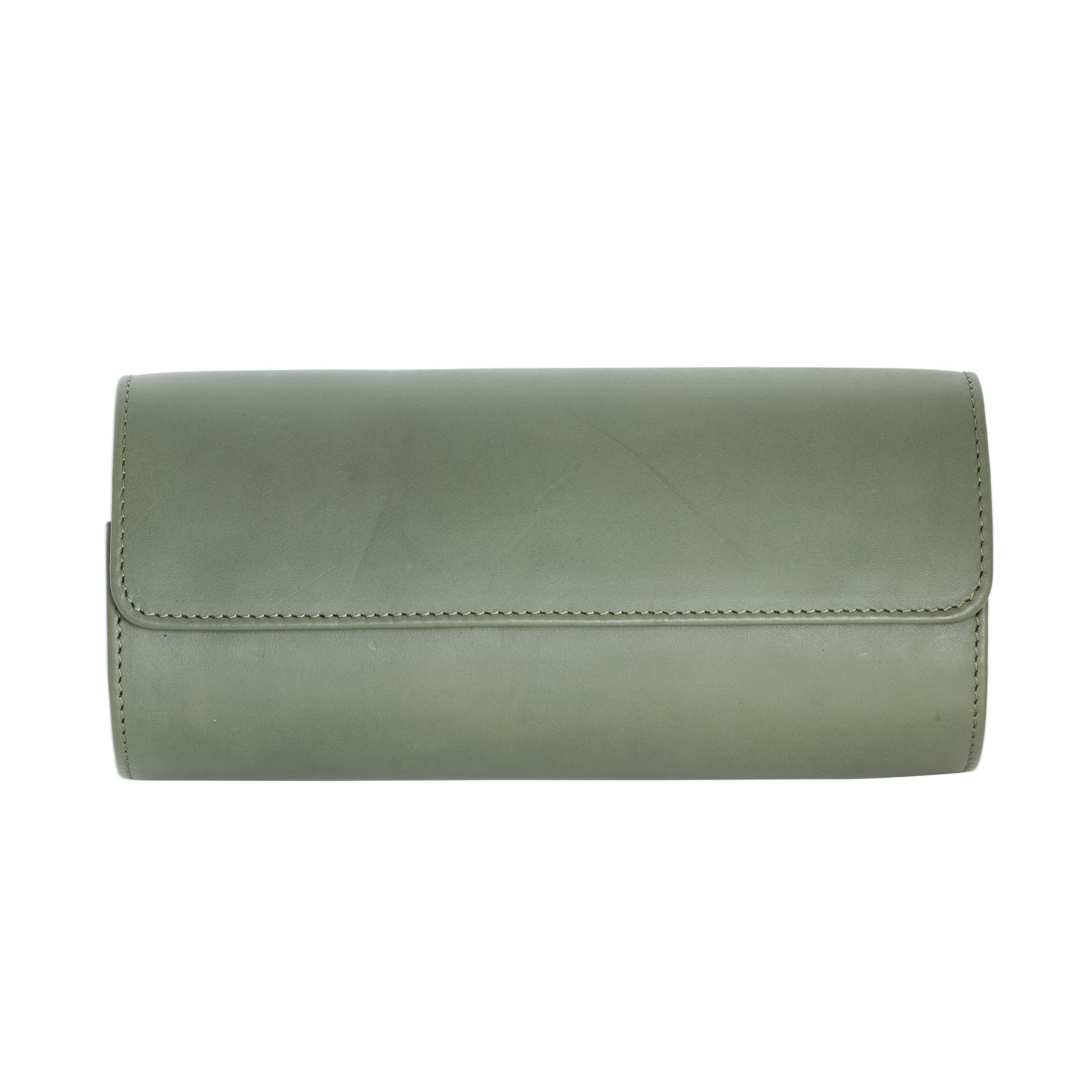 A olive green leather watch roll box with microfibre interior, displaying watches through its closed side.