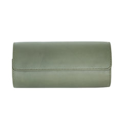 A olive green leather watch roll box with microfibre interior, displaying watches through its closed side.