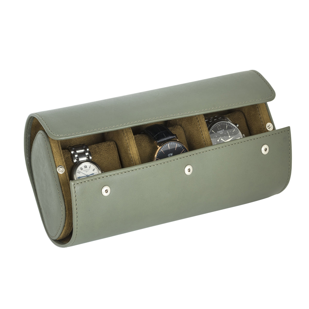 A olive green leather watch roll box with microfibre interior, displaying watches through its open side.