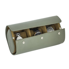 A olive green leather watch roll box with microfibre interior, displaying watches through its open side.