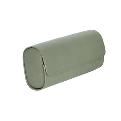 A olive green leather watch roll box with microfibre interior, displaying watches through its open side.
