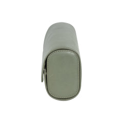 A olive green leather watch roll box with microfibre interior side
