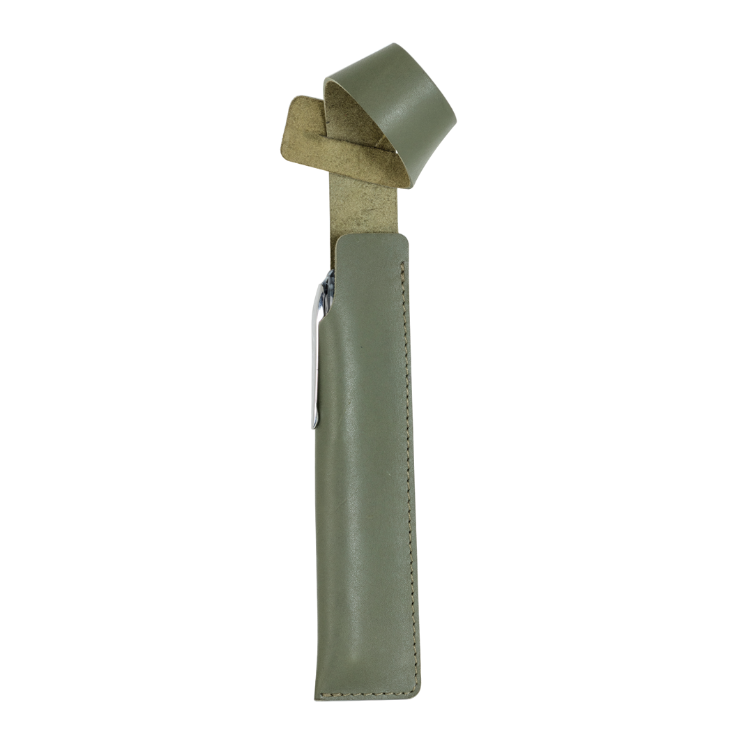 A olive green leather pen sleeve with a snap button, designed to be worn on a handbag as a bag charm.