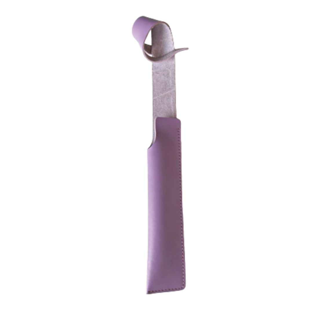 A purple leather pen sleeve with a snap button, designed to be worn on a handbag as a bag charm.
