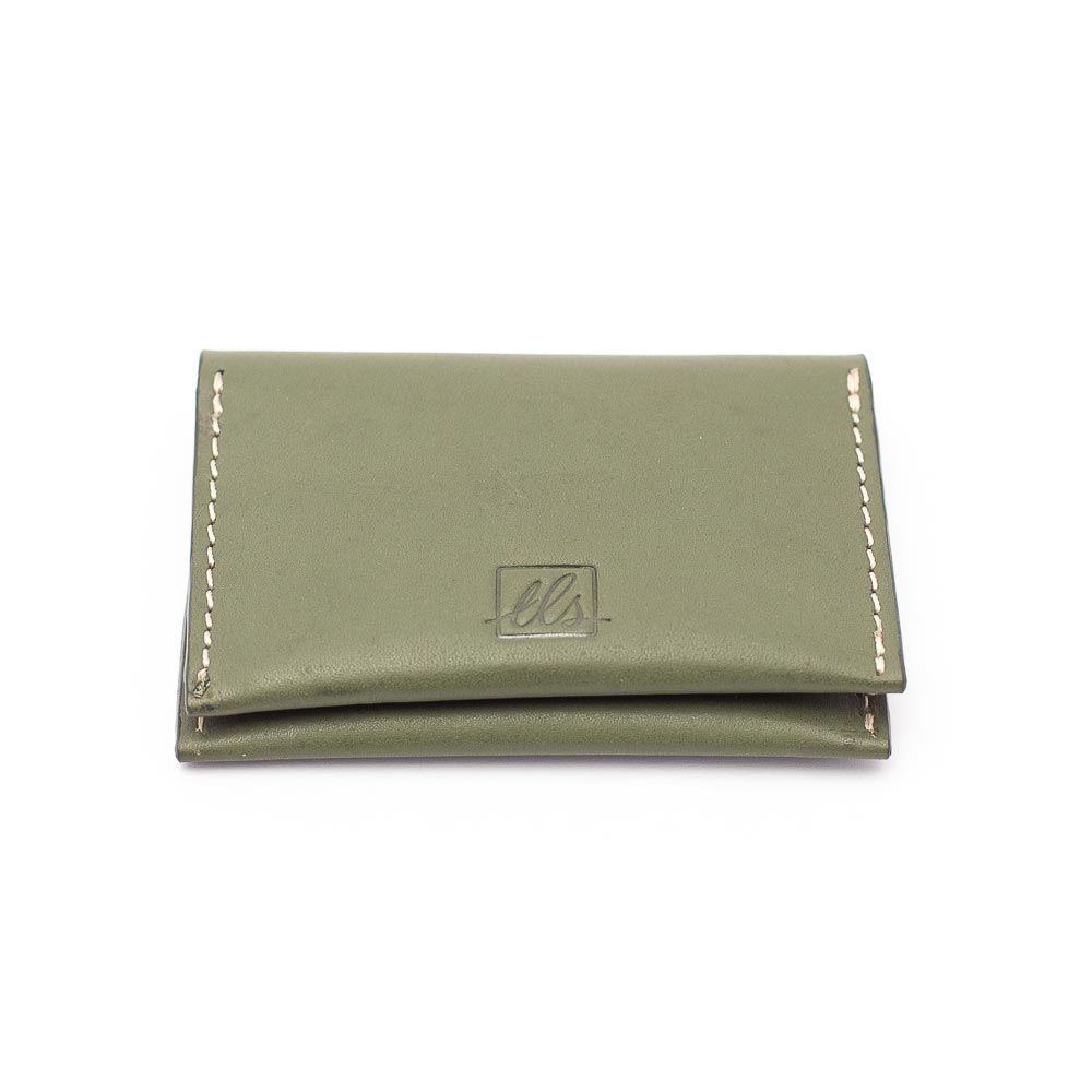 A closed olive green bi-fold credit card holder with visible stitching and a embossed logo on the front of the leather story