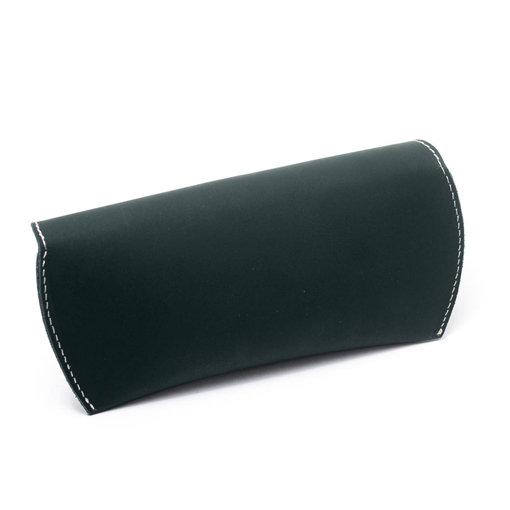 A green leather sunglass case with a magnetic button closure and a cotton-lined interior with back side